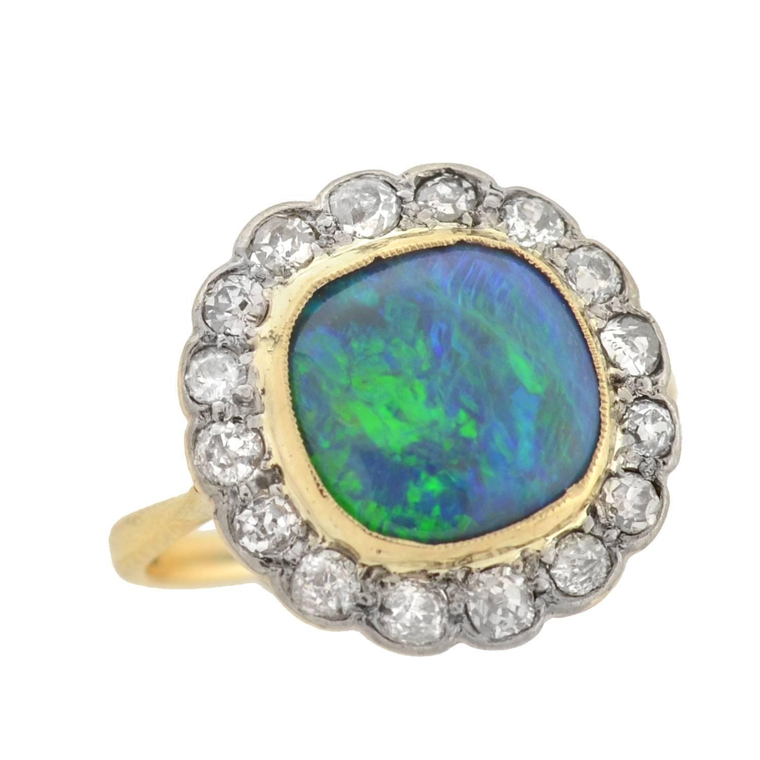 Edwardian Mixed Metals Black Opal Diamond Ring For Sale at 1stdibs
