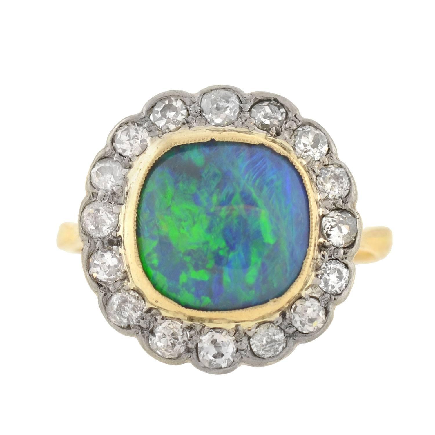Edwardian Mixed Metals Black Opal Diamond Ring In Excellent Condition In Narberth, PA