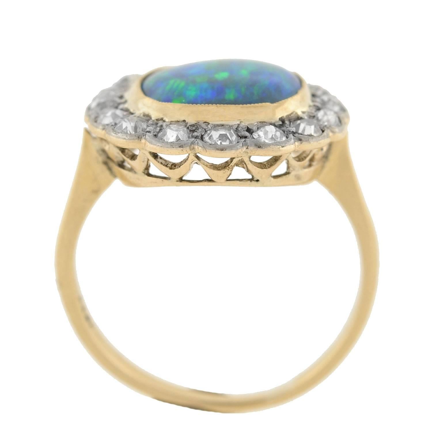 Women's or Men's Edwardian Mixed Metals Black Opal Diamond Ring