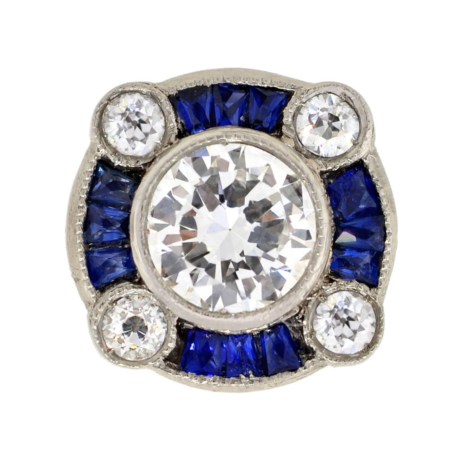 Art Deco Sapphire Diamond Platinum Stud Earrings 