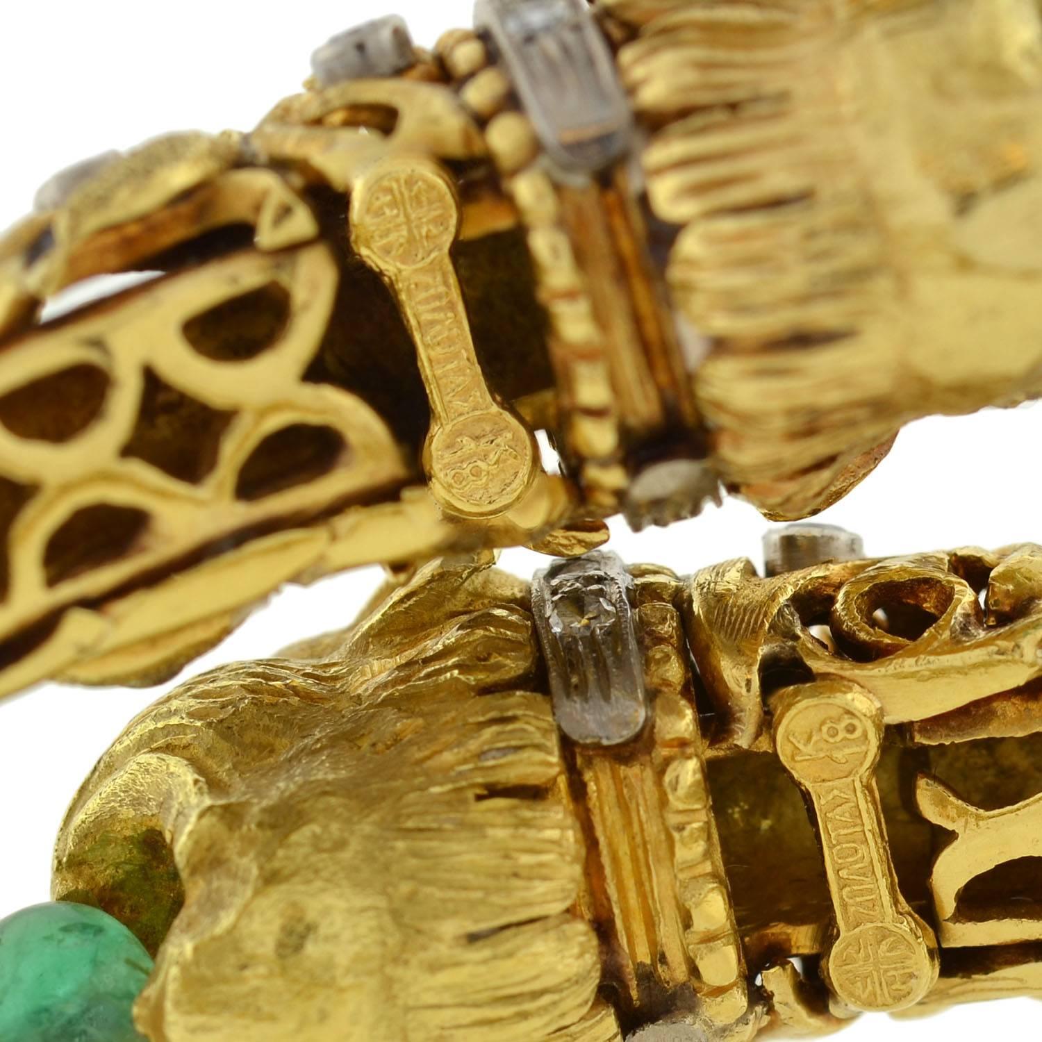 Women's 1960s Zolotas Emerald Diamond Gold Lion Bracelet