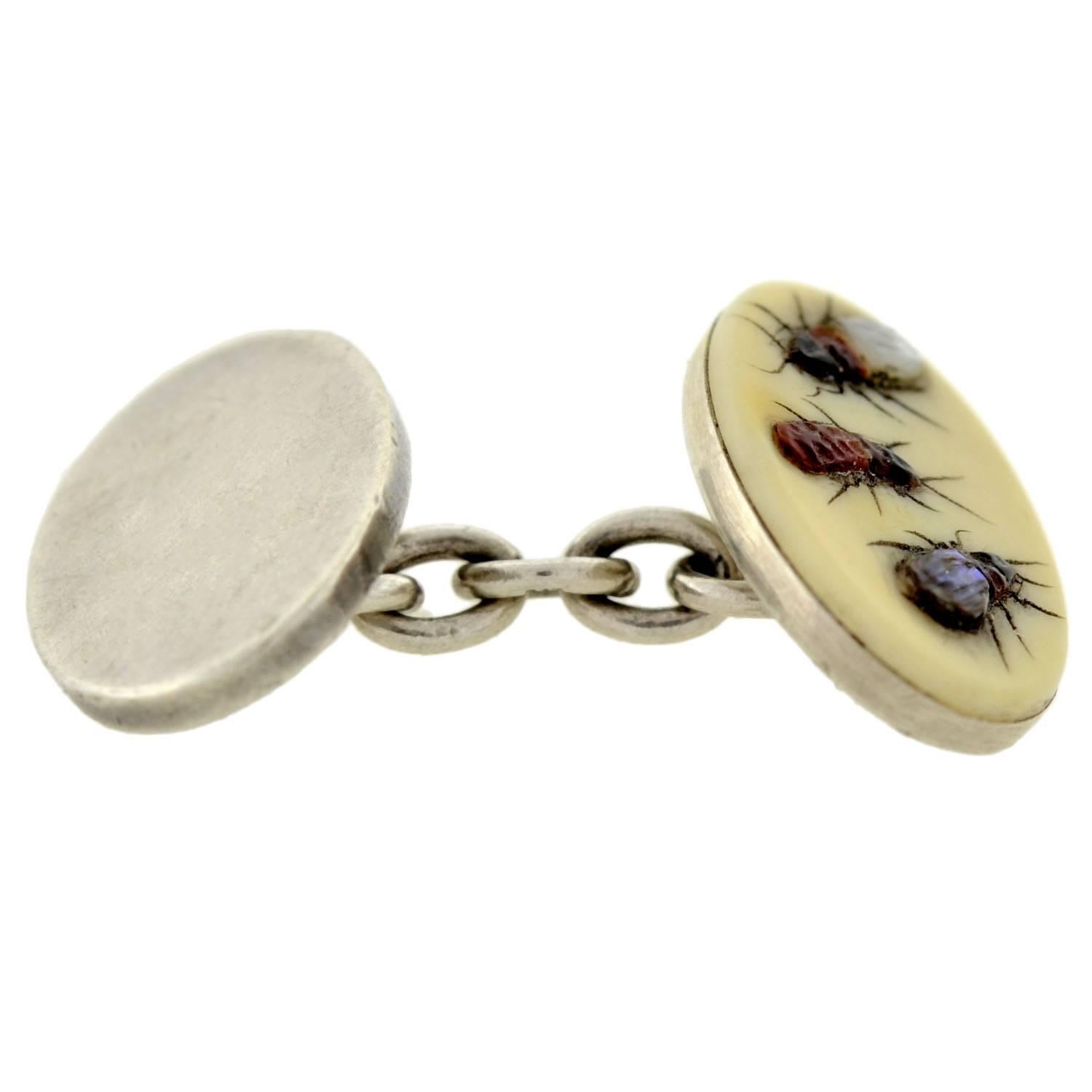 Women's or Men's Victorian Bone Abalone Mother of Pearl Silver Insect Cufflinks