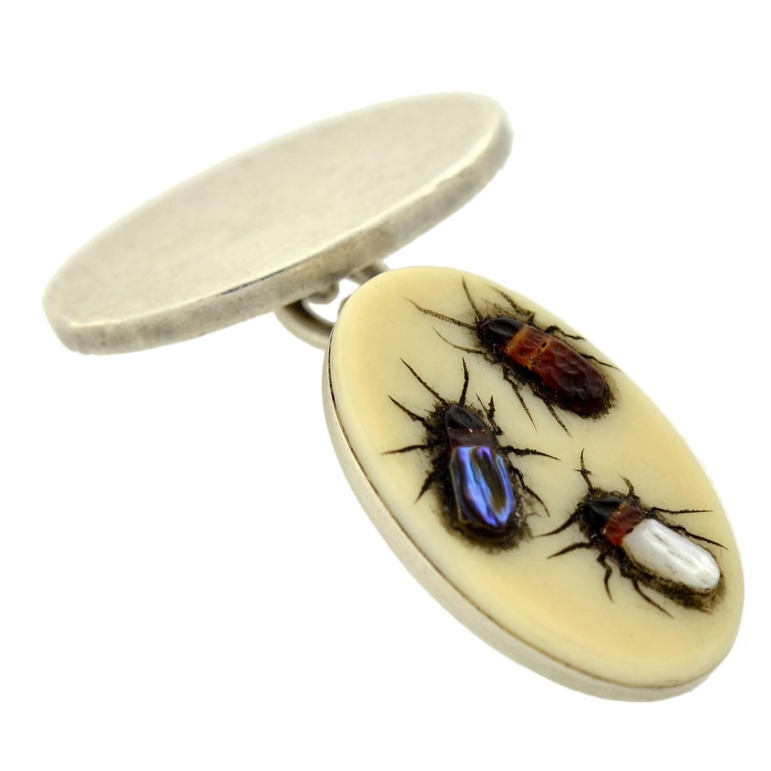 Victorian Bone Abalone Mother of Pearl Silver Insect Cufflinks In Excellent Condition In Narberth, PA