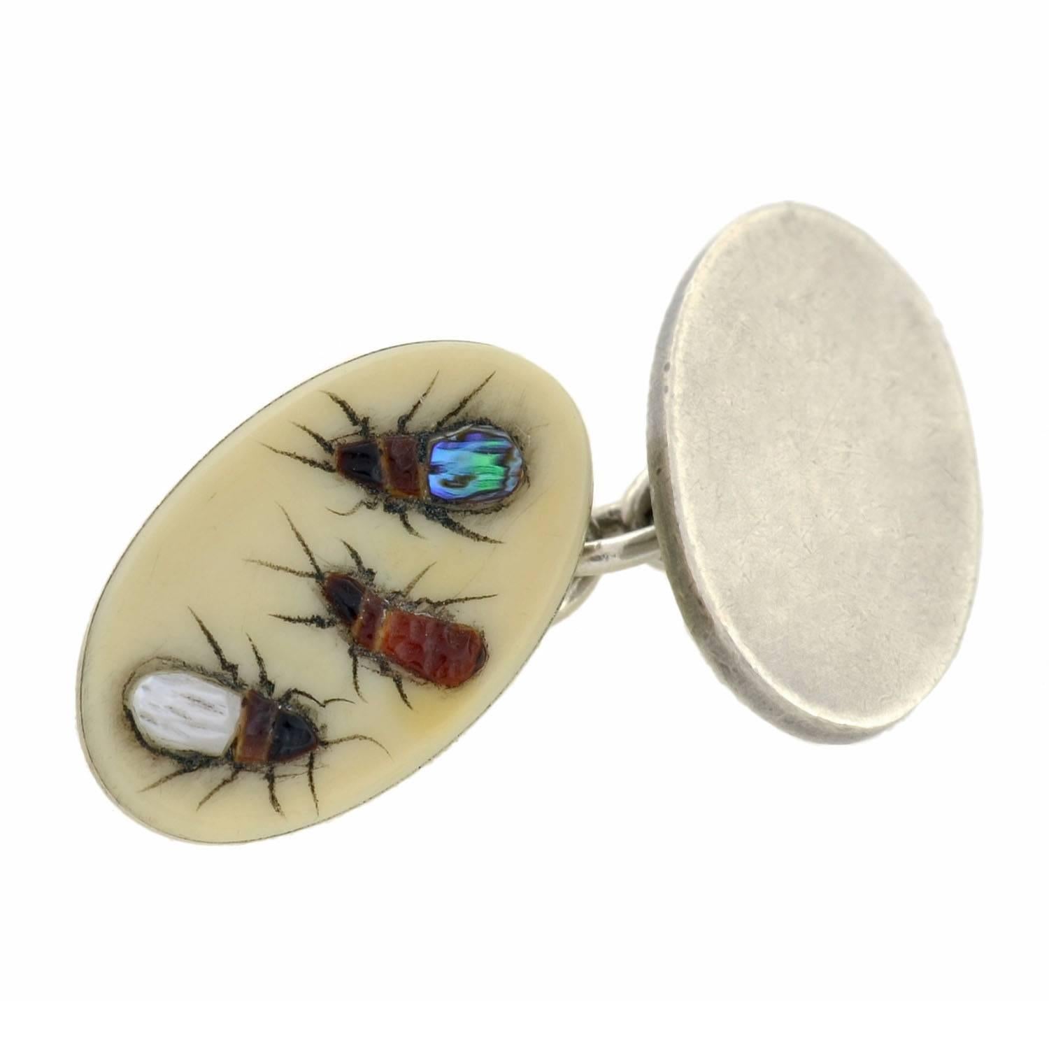 Victorian Bone Abalone Mother of Pearl Silver Insect Cufflinks 1