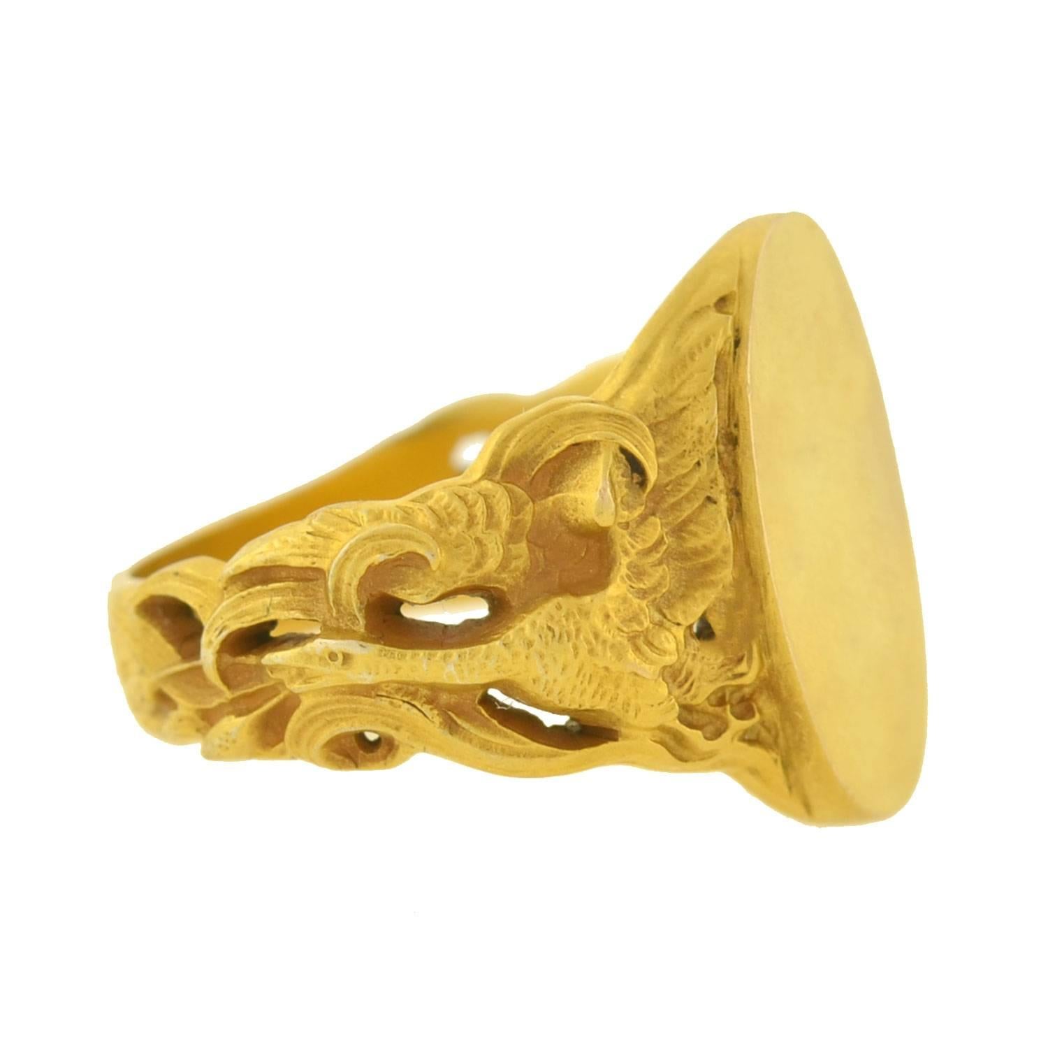 A signet ring can be represented by a smooth or engraved seal, or with an intaglio, which is created by carving into the surface of a stone. Its purpose would have been to seal the wax of a letter or note.

A stunning gold signet ring from the Art
