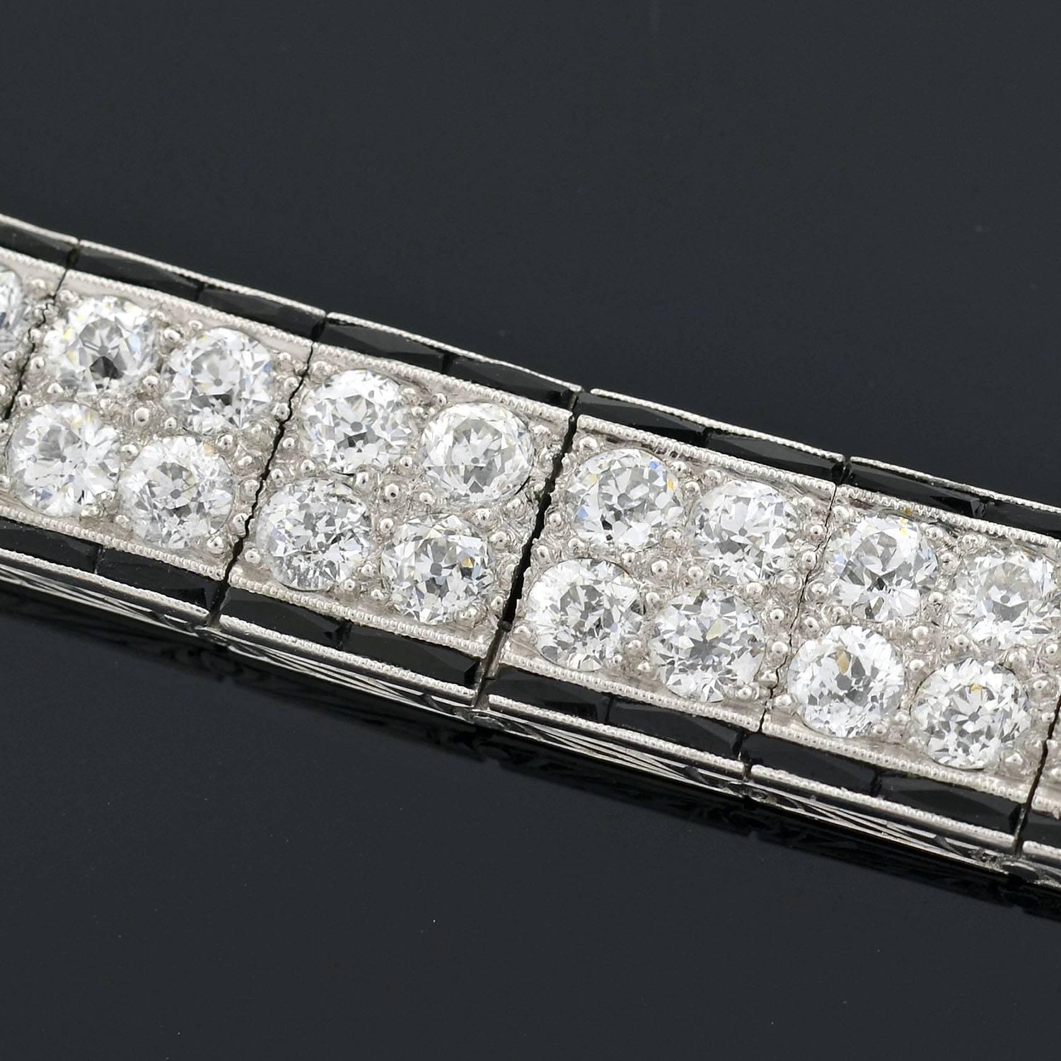 Art Deco Onyx Diamond Platinum Double Row Line Bracelet  3