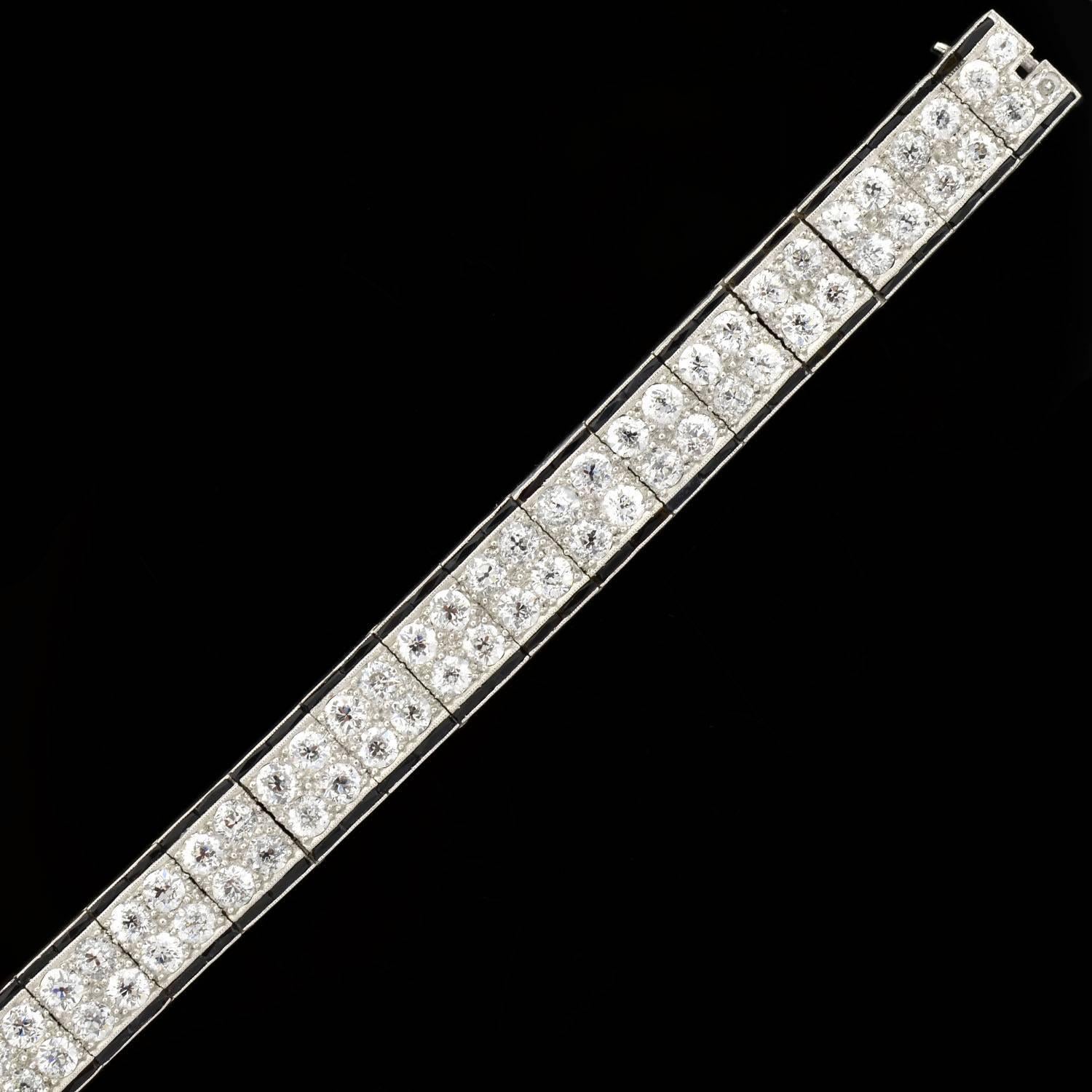 Women's Art Deco Onyx Diamond Platinum Double Row Line Bracelet 
