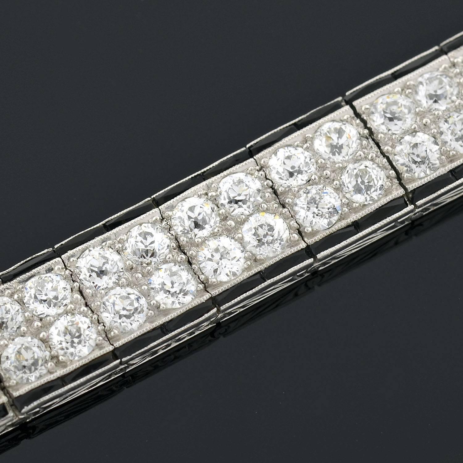 Art Deco Onyx Diamond Platinum Double Row Line Bracelet  1