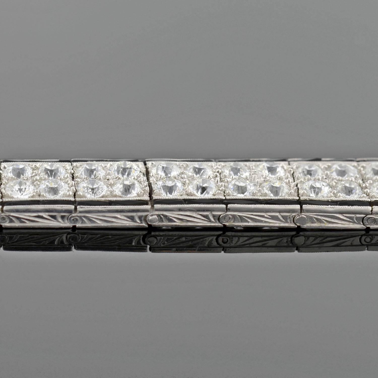 Art Deco Onyx Diamond Platinum Double Row Line Bracelet  2