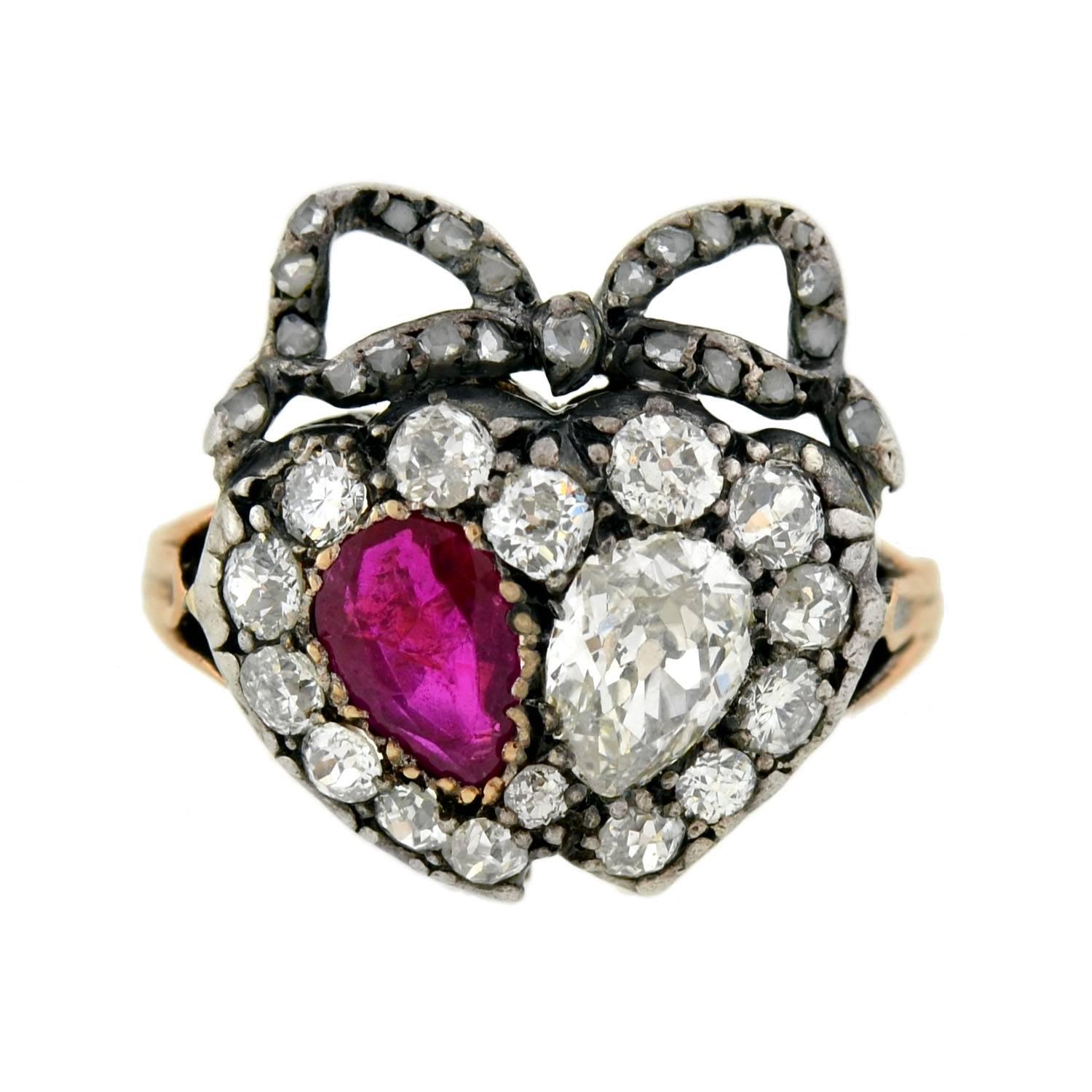 Victorian Ruby Diamond  Double Heart Ring In Excellent Condition In Narberth, PA
