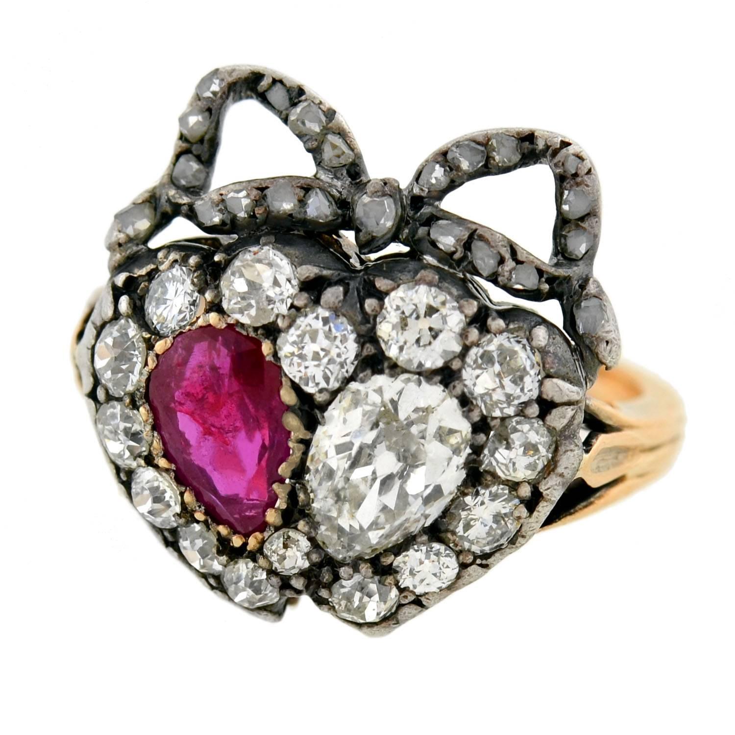 Women's Victorian Ruby Diamond  Double Heart Ring
