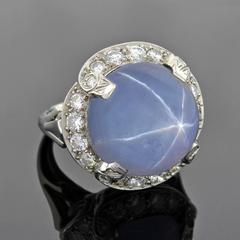 1930s Late Art Deco 12 Carat Star Sapphire Diamond Gold Ring
