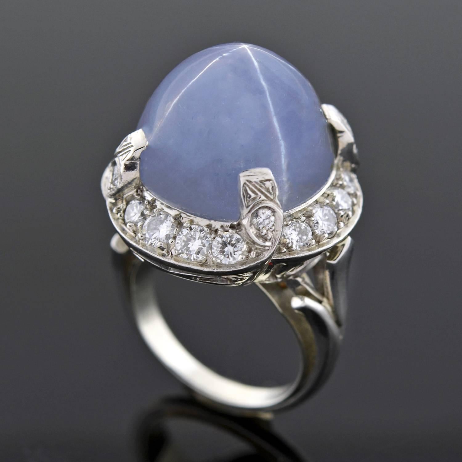1930s Late Art Deco 12 Carat Star Sapphire Diamond Gold Ring 1