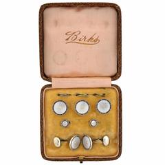 Birks Art Deco Mother of Pearl Sterling Silver Cufflink Stud and Button Set