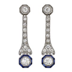 Antique Art Deco Dramatic Sapphire Diamond Platinum Dangle Earrings