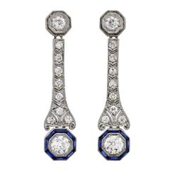 Art Deco Dramatic Sapphire Diamond Platinum Dangle Earrings 5