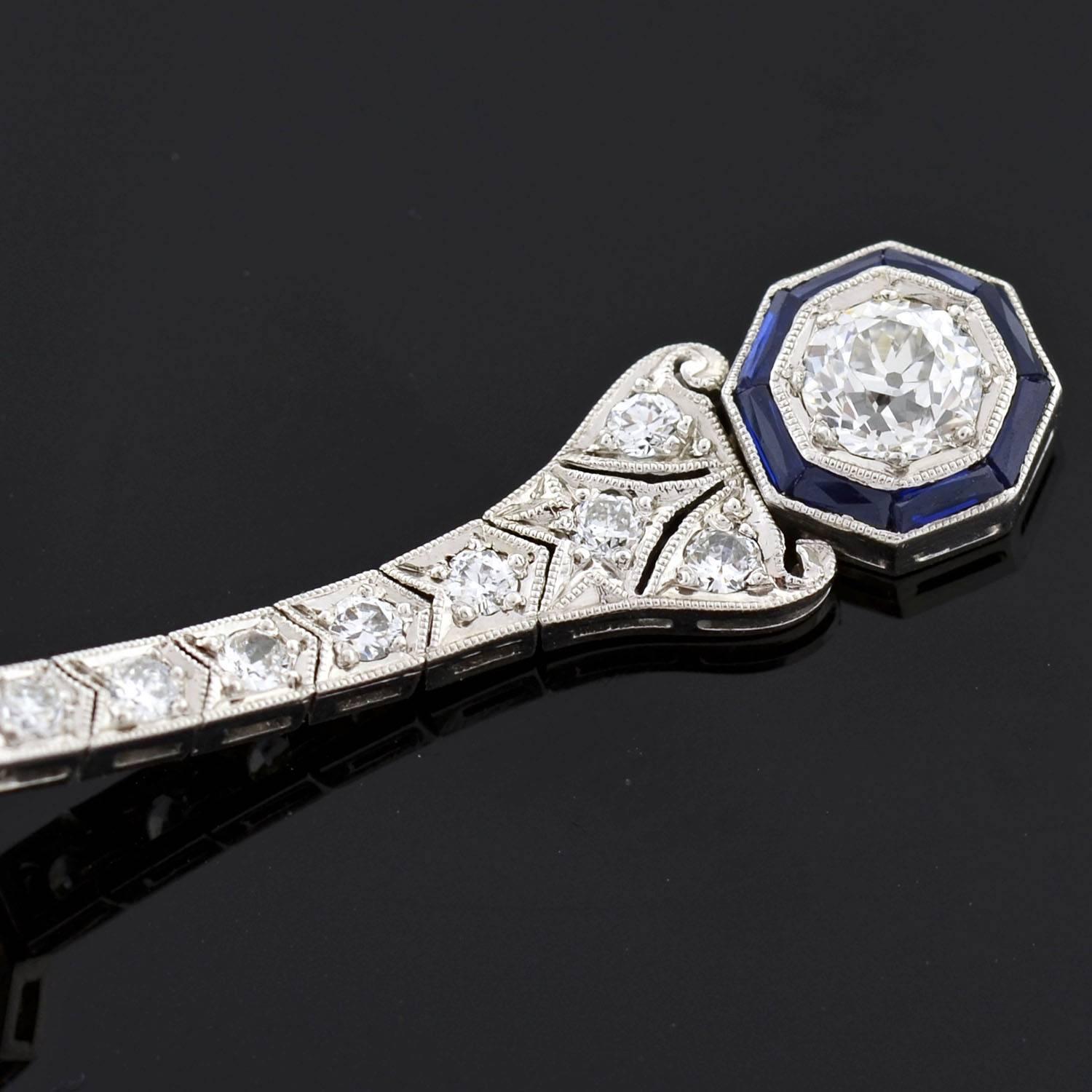 Art Deco Dramatic Sapphire Diamond Platinum Dangle Earrings 3
