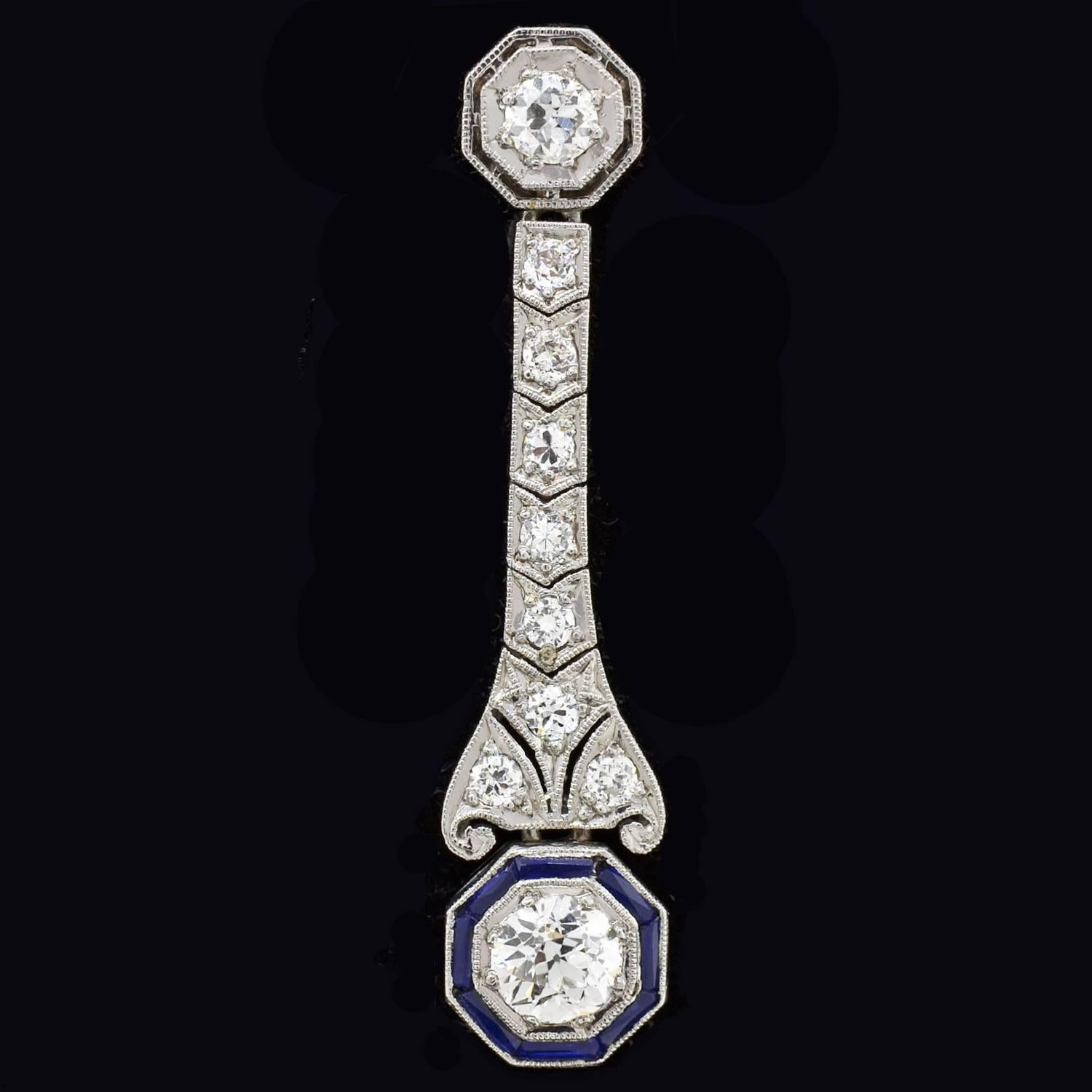 Women's or Men's Art Deco Dramatic Sapphire Diamond Platinum Dangle Earrings