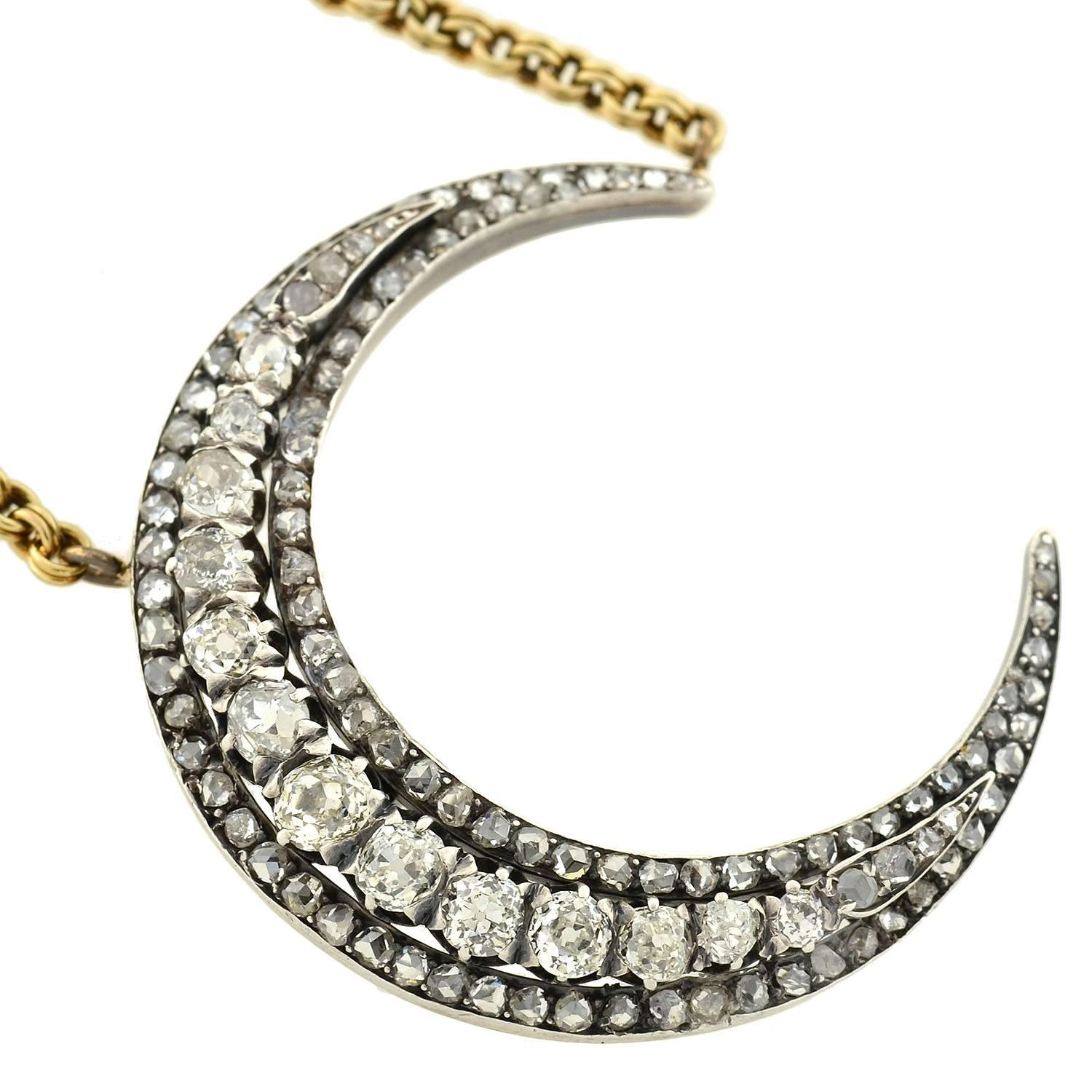 Victorian Sterling Topped Diamond Crescent Necklace  In Excellent Condition In Narberth, PA