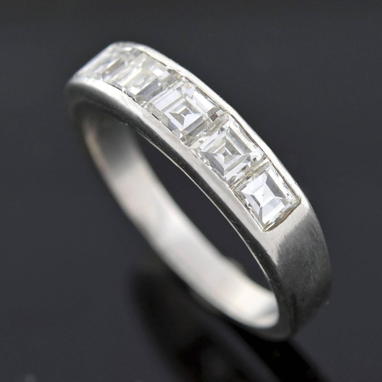 Contemporary 1960s Diamond Platinum Square Cut Half Band Ring For Sale