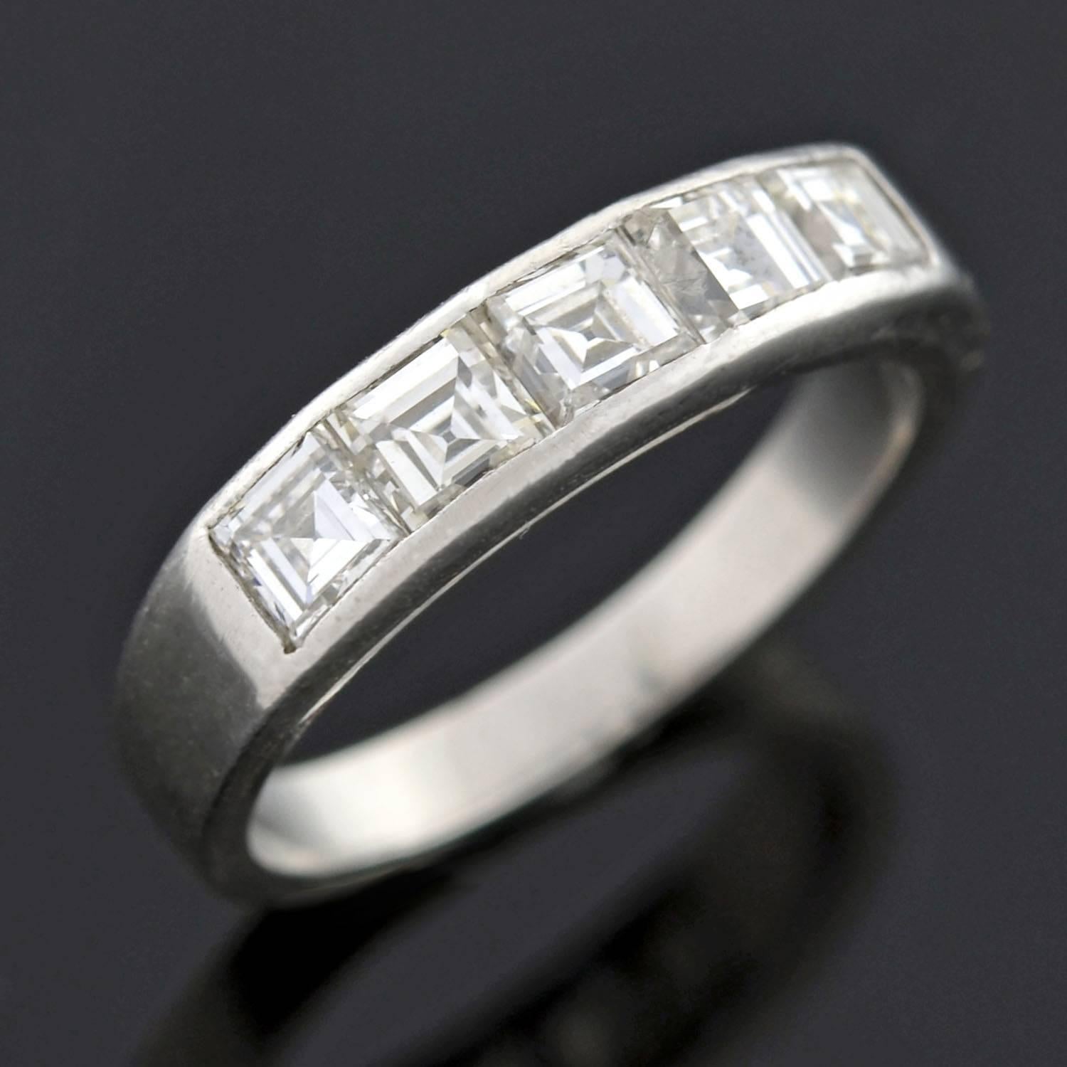 1960s Diamond Platinum Square Cut Half Band Ring In Excellent Condition For Sale In Narberth, PA