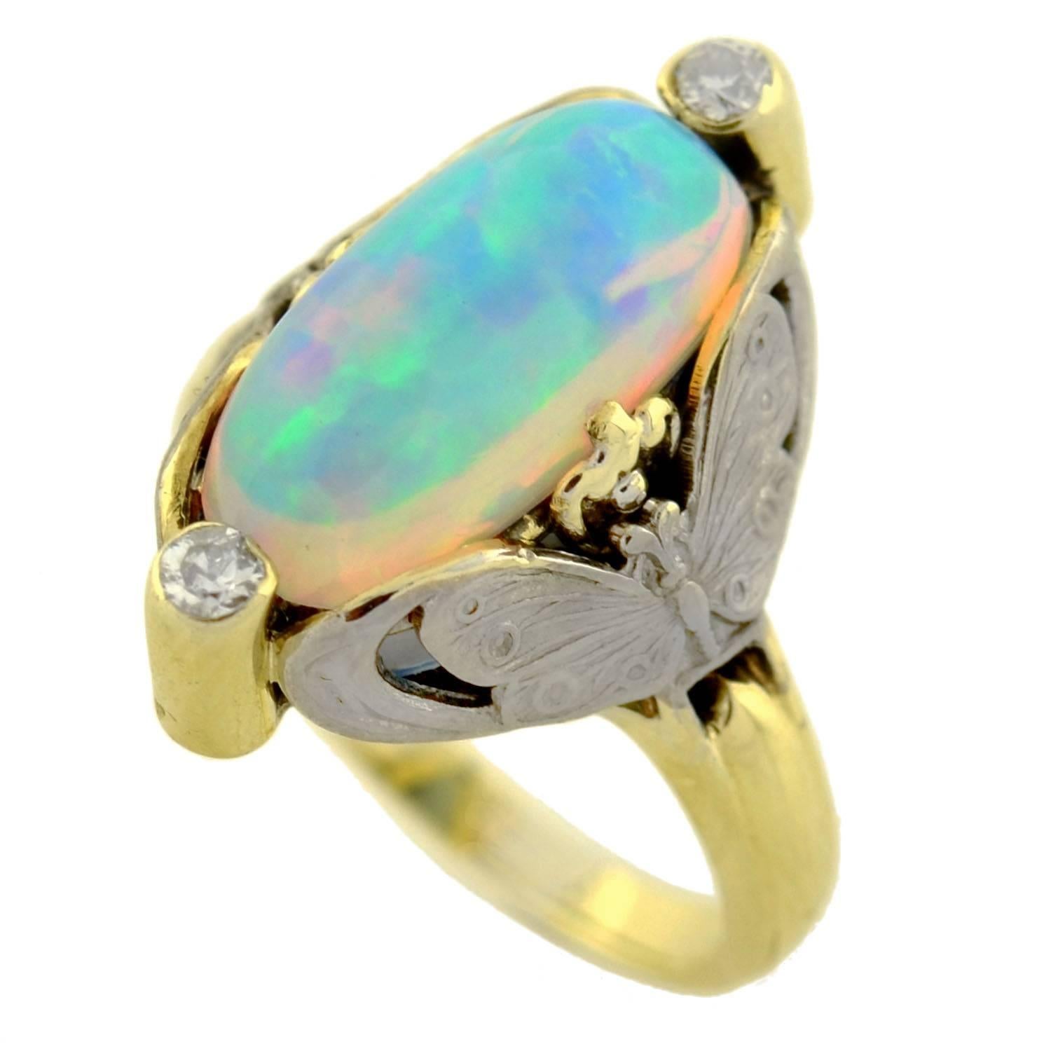 Women's Art Nouveau Mixed Metals Opal Diamond Gold Butterfly Motif Ring