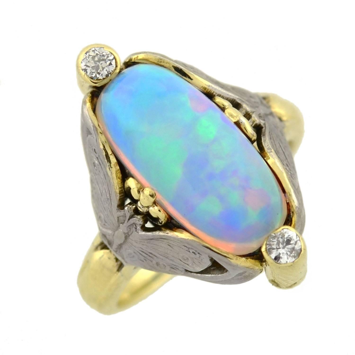 Art Nouveau Mixed Metals Opal Diamond Gold Butterfly Motif Ring 1