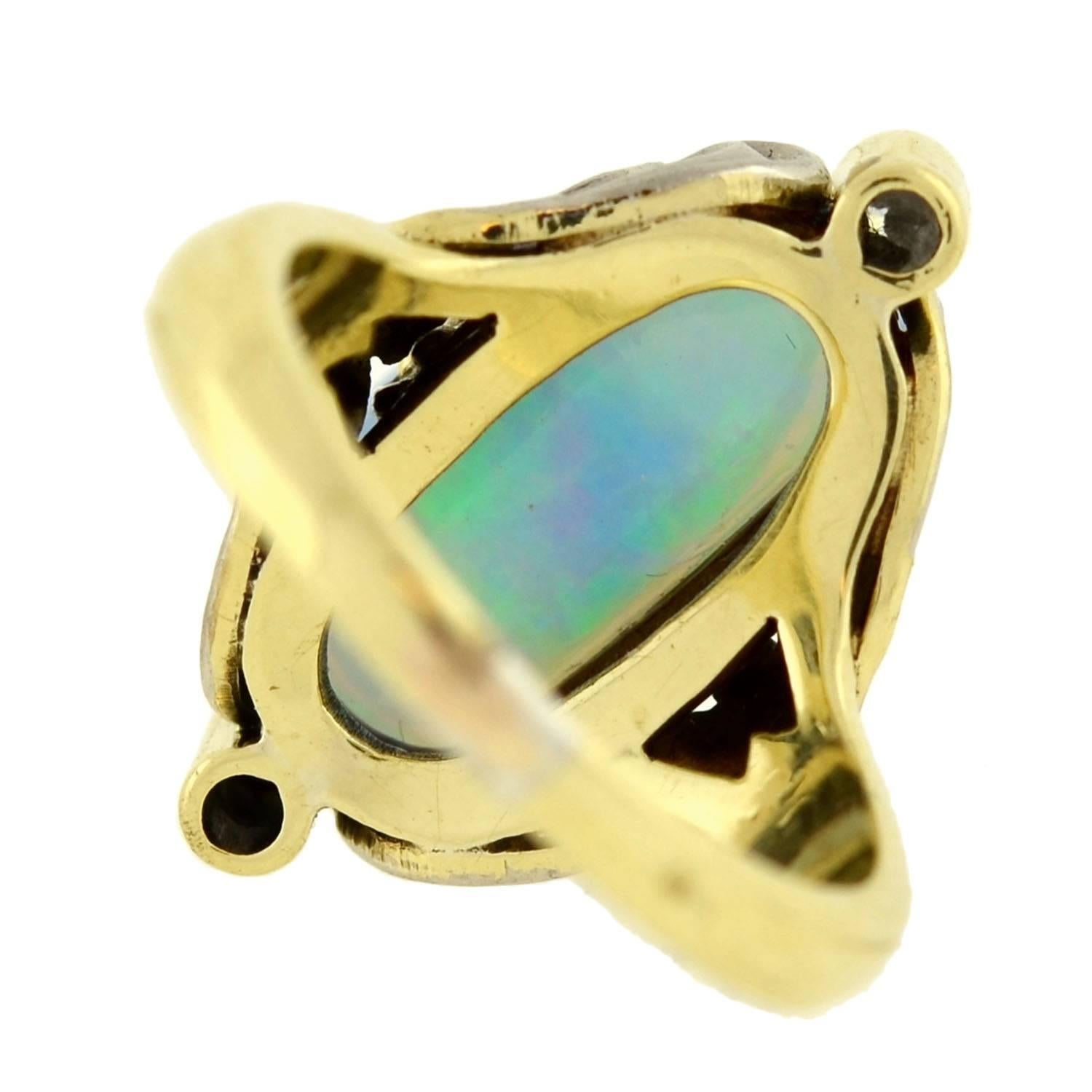 Art Nouveau Mixed Metals Opal Diamond Gold Butterfly Motif Ring 2