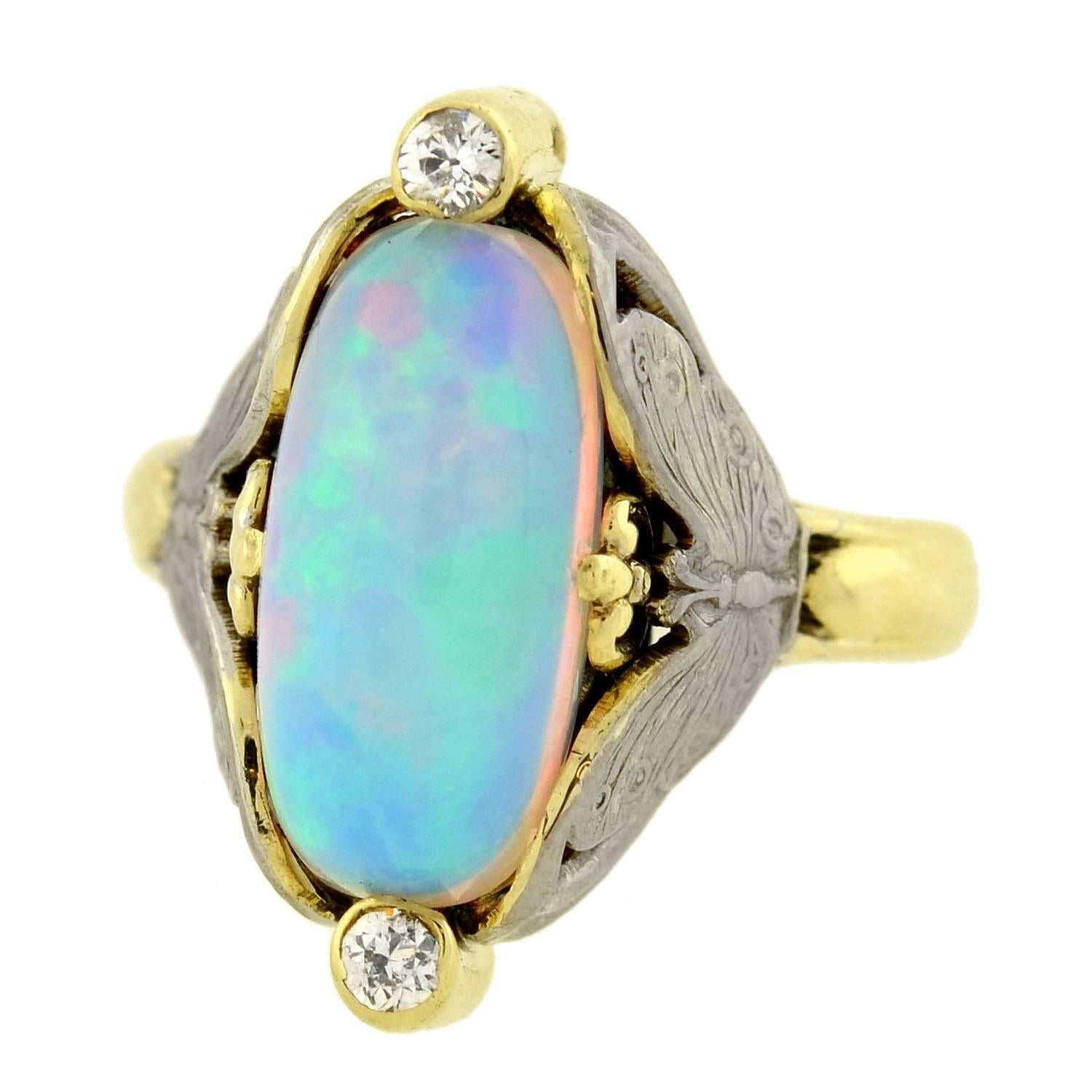 Art Nouveau Mixed Metals Opal Diamond Gold Butterfly Motif Ring In Excellent Condition In Narberth, PA