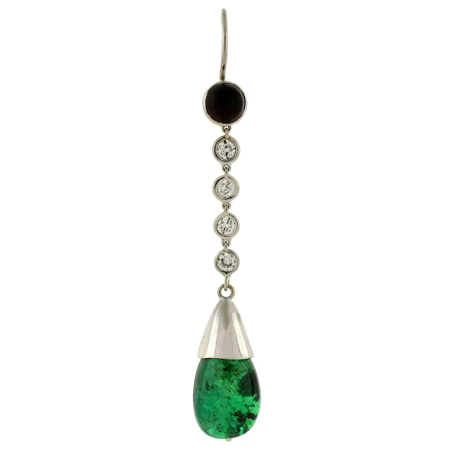 Cabochon Art Deco Platinum 4.00 Carat Total Carat Emerald and Diamond Onyx Drop Earrings