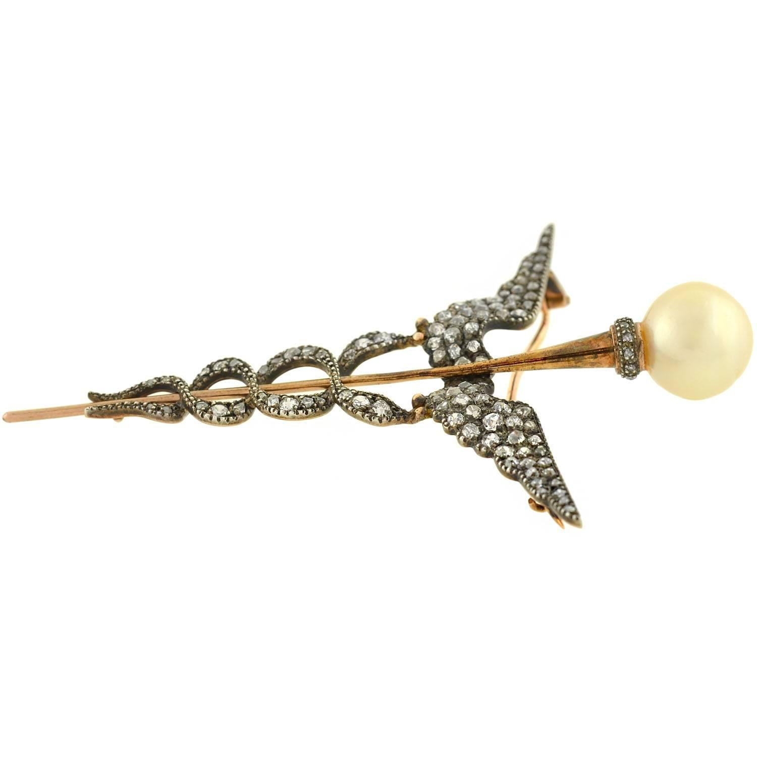 Women's or Men's Victorian Pearl Rose Cut Diamond Silver Gold Caduceus Pin