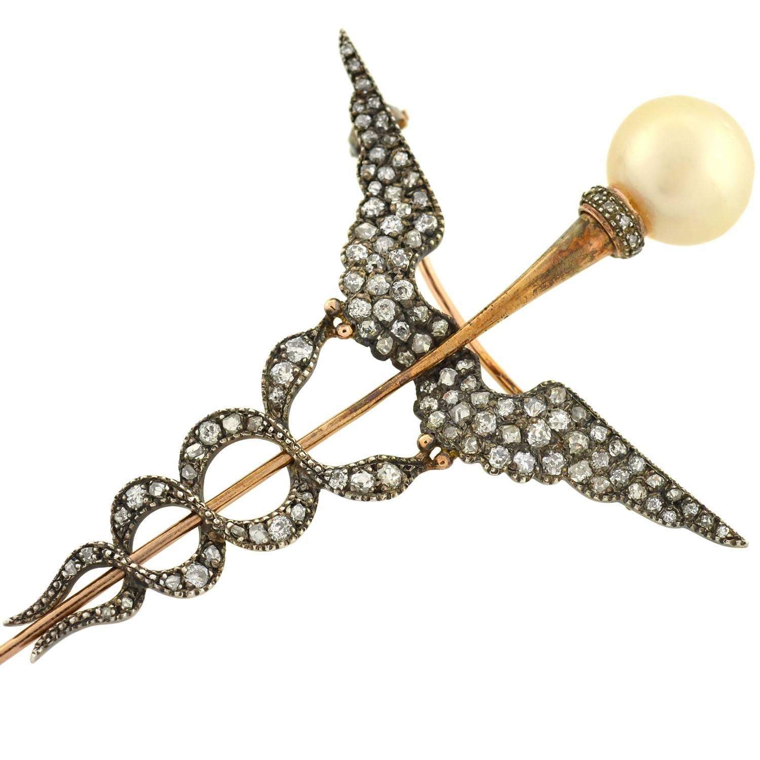 Victorian Pearl Rose Cut Diamond Silver Gold Caduceus Pin In Excellent Condition In Narberth, PA
