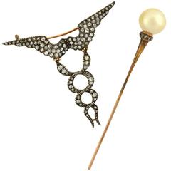 Victorian Pearl Rose Cut Diamond Silver Gold Caduceus Pin