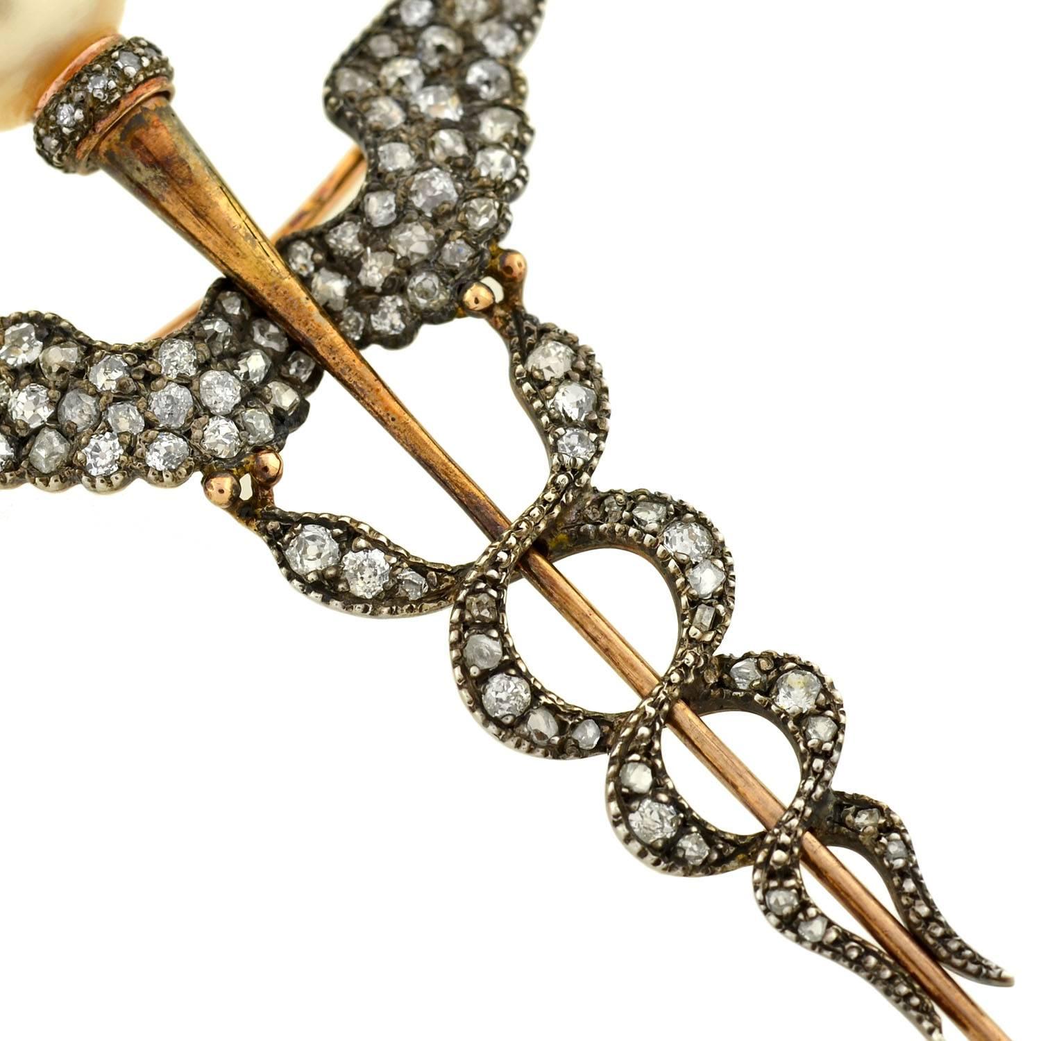 Victorian Pearl Rose Cut Diamond Silver Gold Caduceus Pin 2