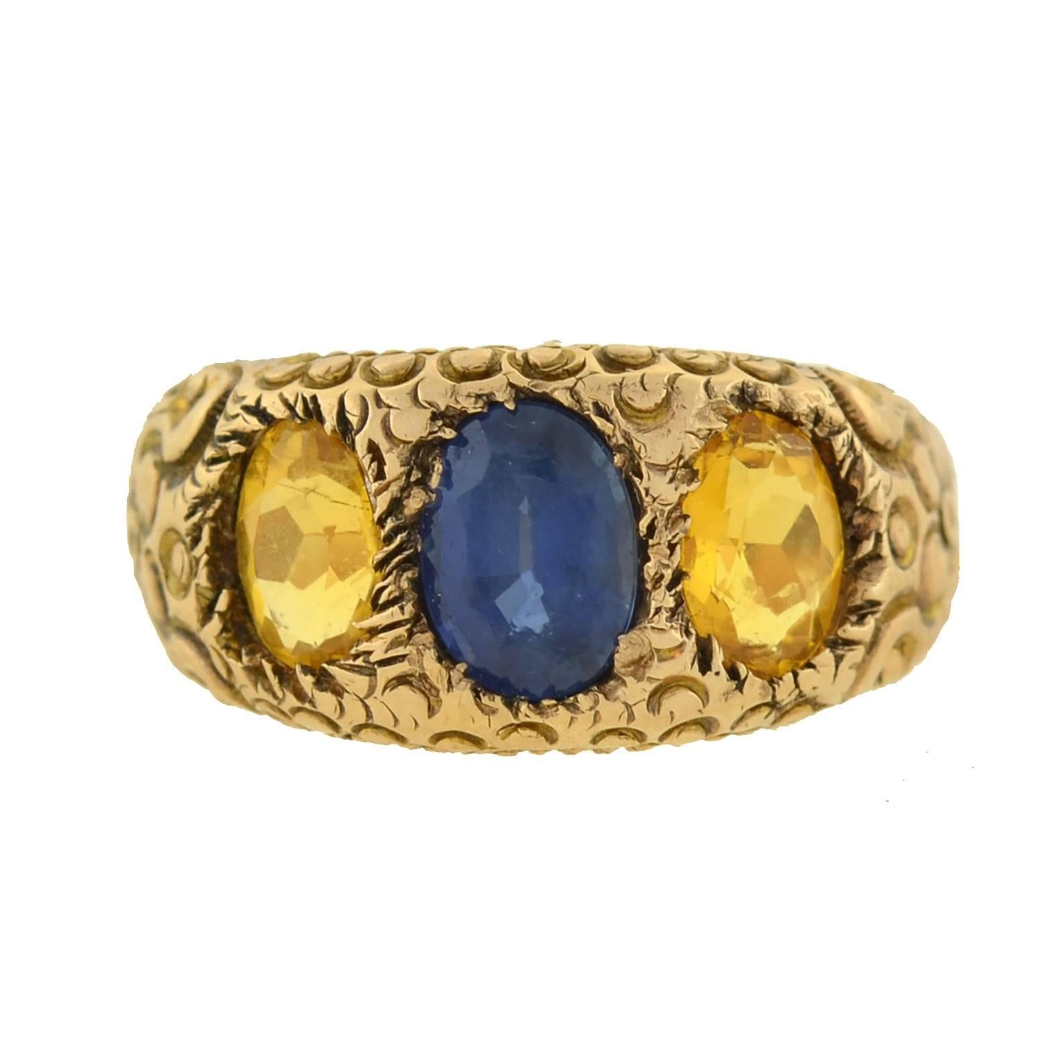 Oval Cut Late Victorian Multicolored Sapphire 3-Stone Gold Ring