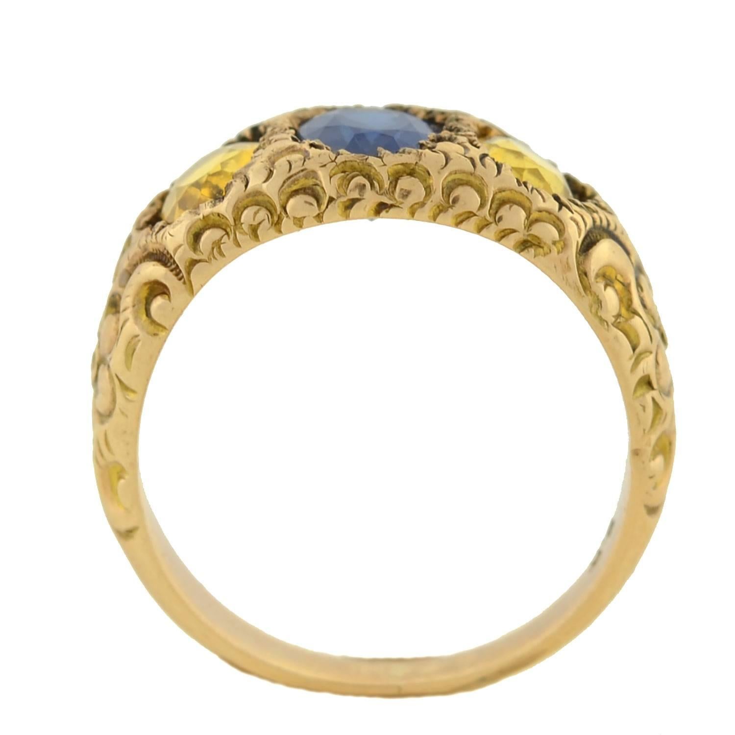 Late Victorian Multicolored Sapphire 3-Stone Gold Ring In Excellent Condition In Narberth, PA