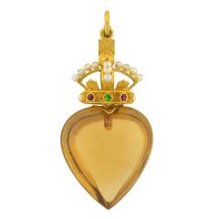 Late Victorian Queen's Heart Citrine Pearl Gold Pendant