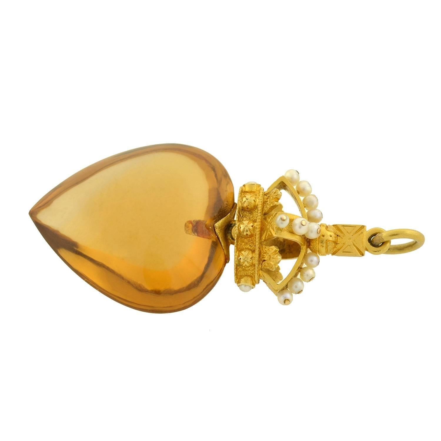 Late Victorian Queen's Heart Citrine Pearl Gold Pendant 1