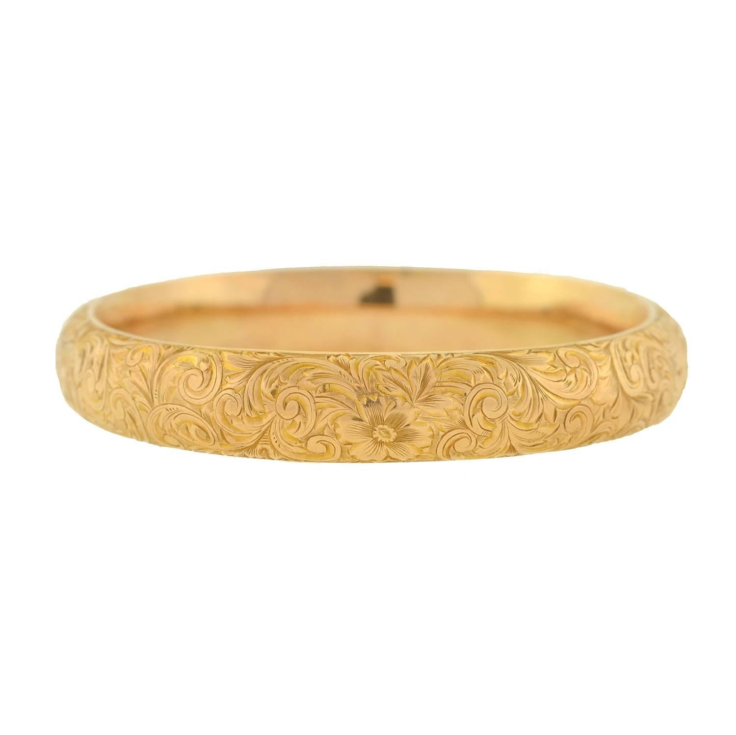 Riker Brothers Art Nouveau Etched Floral Gold Bracelet In Excellent Condition In Narberth, PA