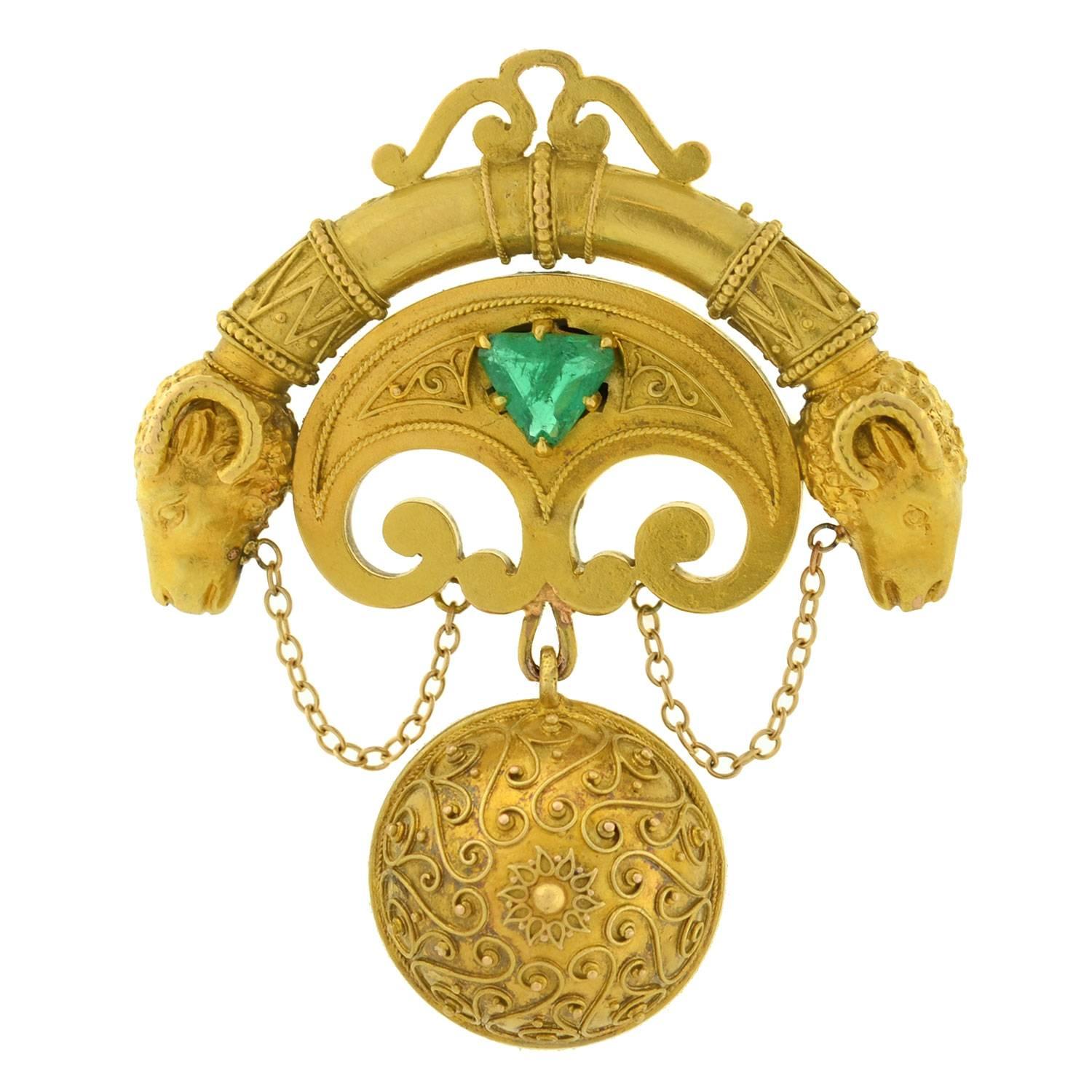 Victorian Emerald Gold Etruscan Ram's Head Pendant
