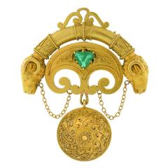 Victorian Emerald Gold Etruscan Ram's Head Pendant