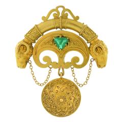 Antique Victorian Emerald Gold Etruscan Ram's Head Pendant