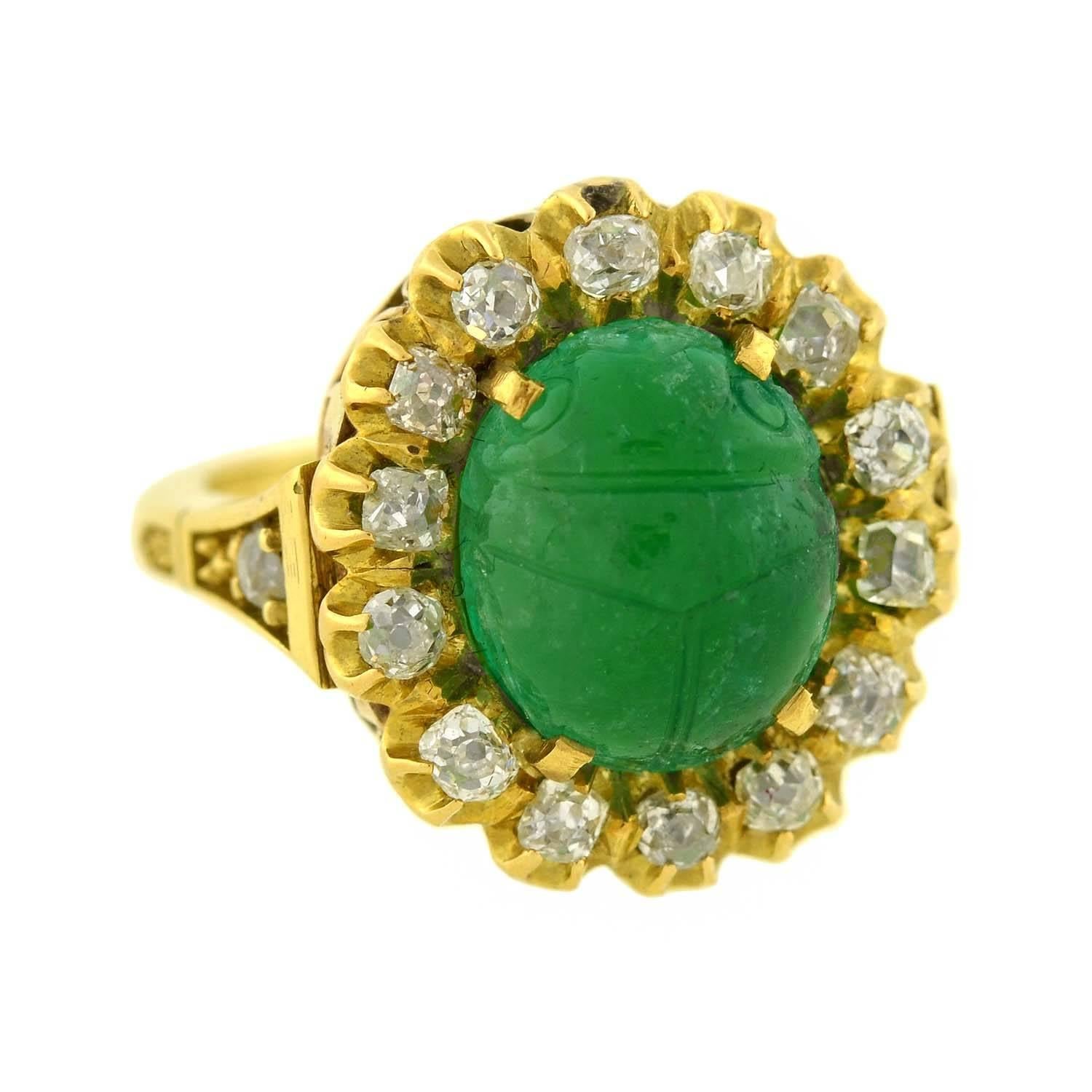 Victorian Carved Scarab Emerald Diamond Gold Ring