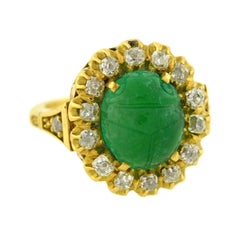 Antique Victorian Carved Scarab Emerald Diamond Gold Ring