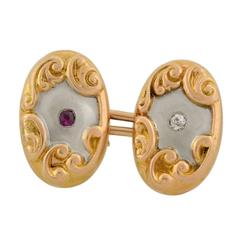 Edwardian Mixed Metals Ruby Sapphire Diamond Gold Cufflinks