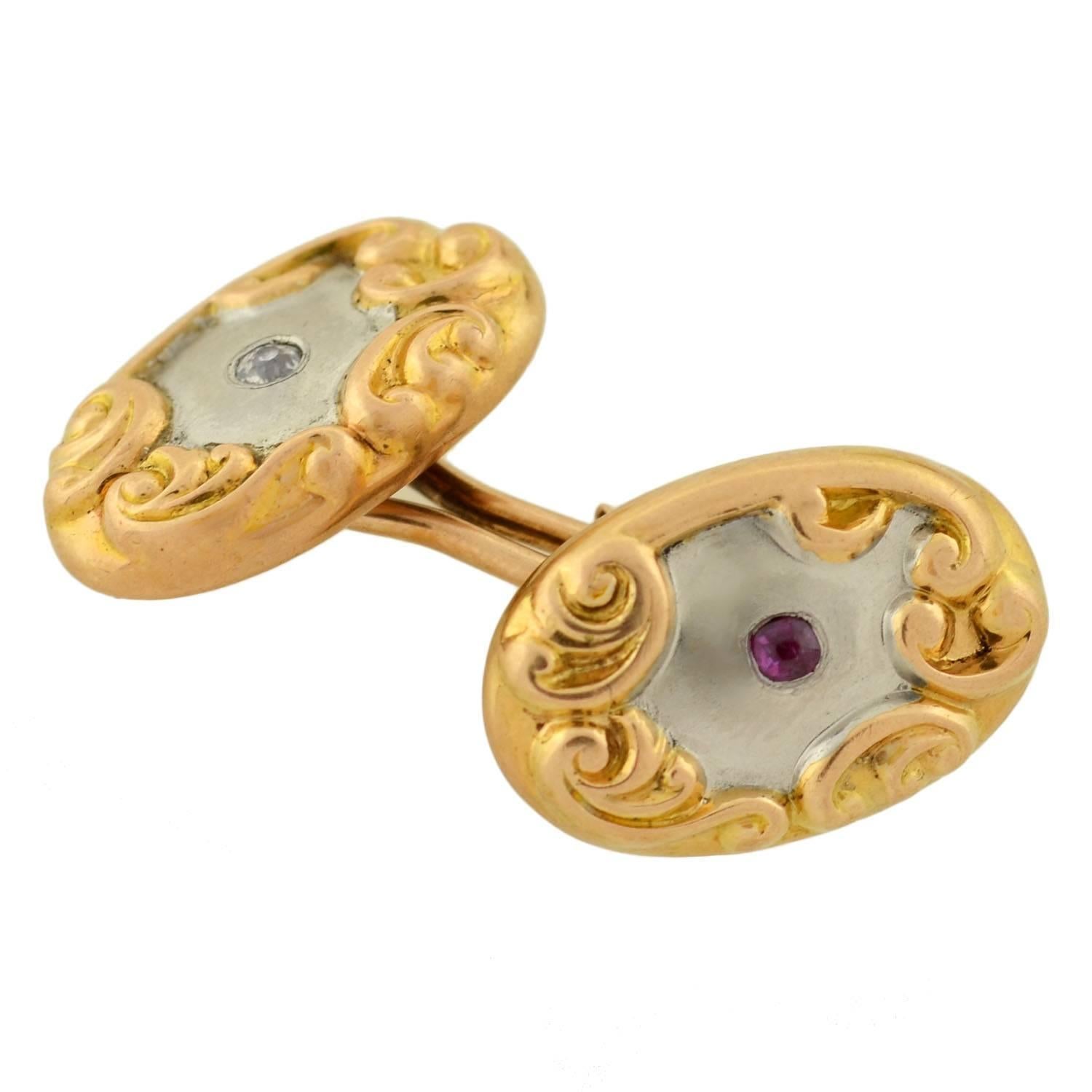 Women's or Men's Edwardian Mixed Metals Ruby Sapphire Diamond Gold Cufflinks