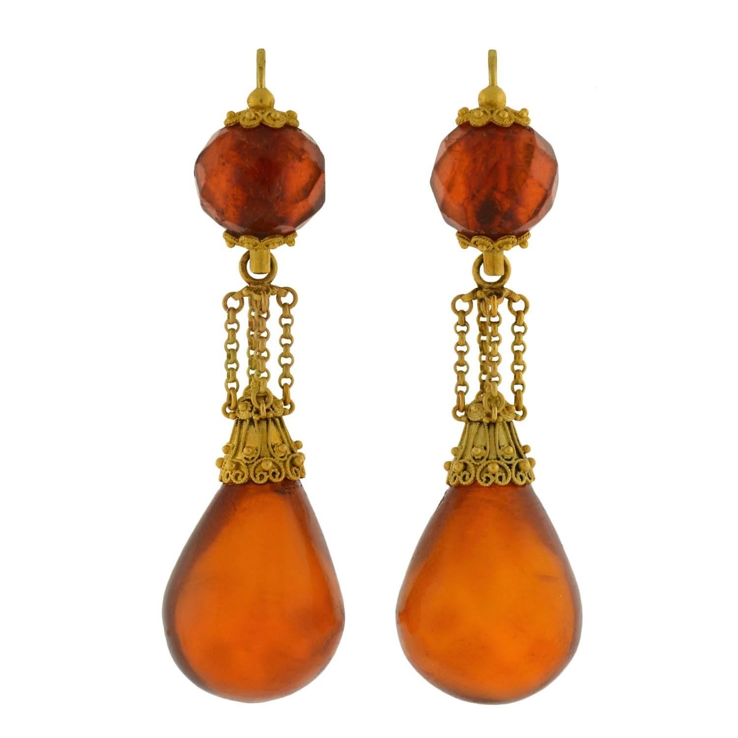 Victorian "Day and Night" Etruscan Carved Amber Gold Earrings