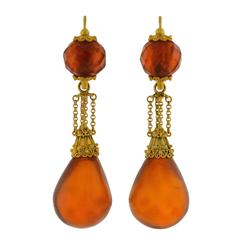 Antique Victorian "Day and Night" Etruscan Carved Amber Gold Earrings