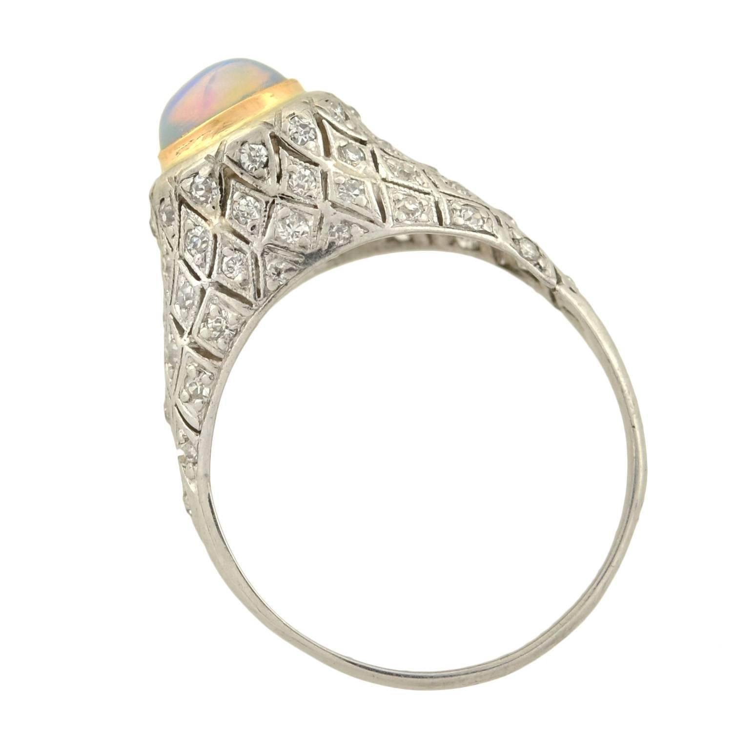 Women's 1910s Art Deco Opal Diamond Gold Platinum Domed Ring