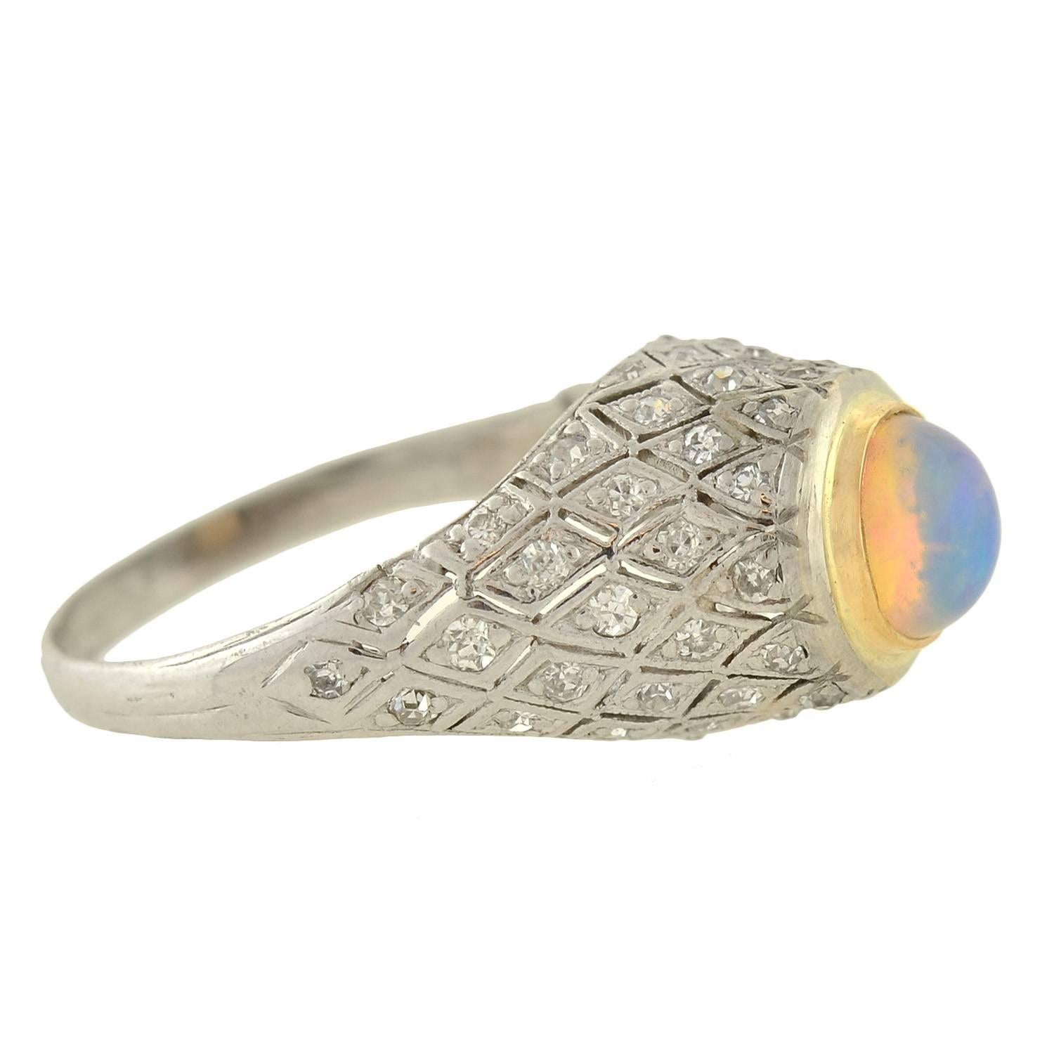 1910s Art Deco Opal Diamond Gold Platinum Domed Ring In Excellent Condition In Narberth, PA